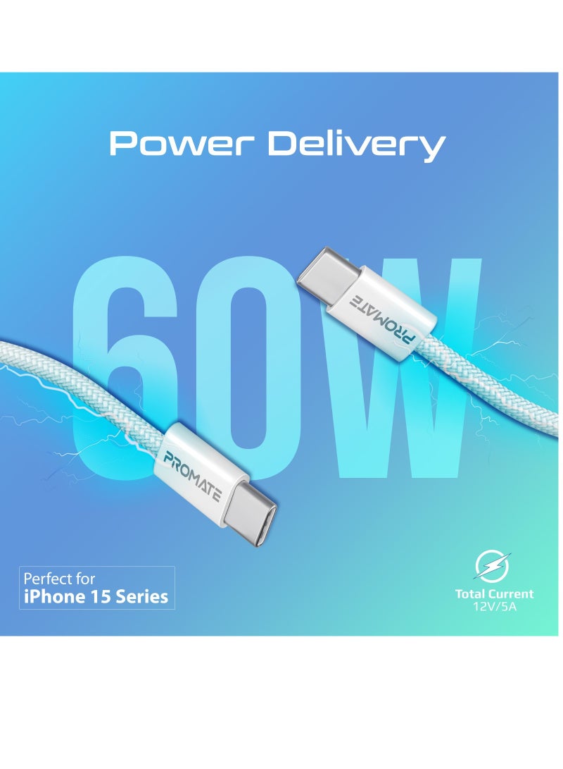 USB-C Charging Cable, Powerful Sync Charge Type-C Cable with 60W Fast Power Delivery, 480Mbps Data Transfer and 120cm Tangle-Free Nylon Braided Cord, EcoLine-CC120 White