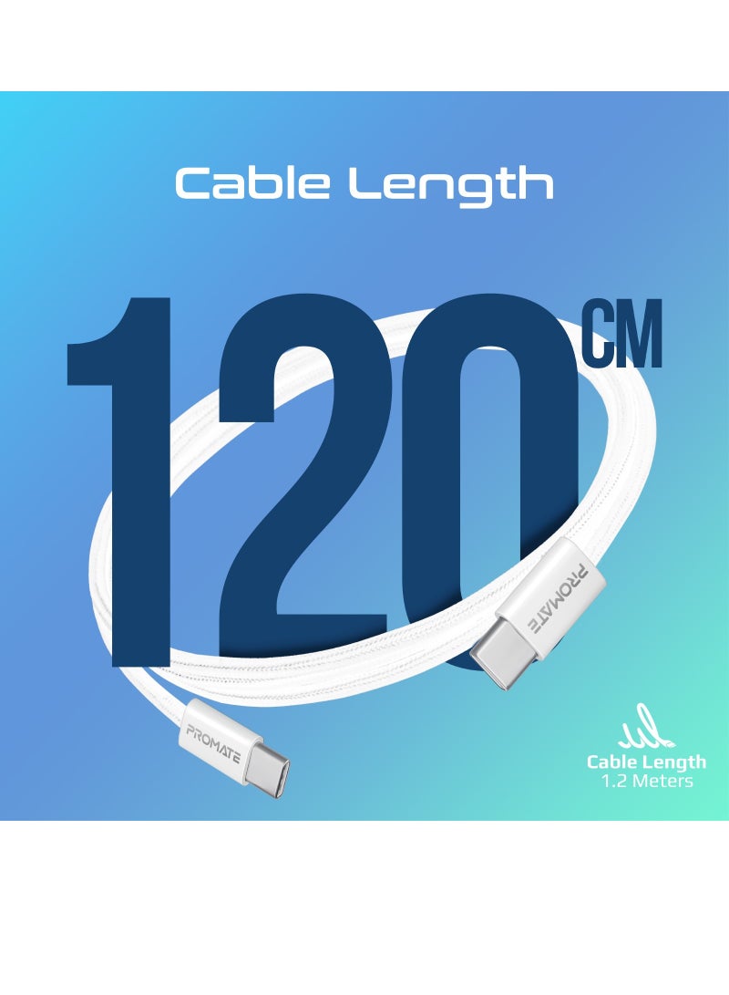USB-C Charging Cable, Powerful Sync Charge Type-C Cable with 60W Fast Power Delivery, 480Mbps Data Transfer and 120cm Tangle-Free Nylon Braided Cord, EcoLine-CC120 White