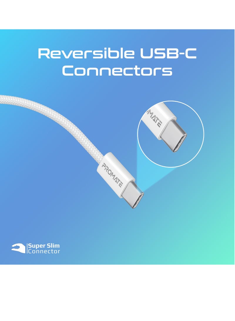 USB-C Charging Cable, Powerful Sync Charge Type-C Cable with 60W Fast Power Delivery, 480Mbps Data Transfer and 120cm Tangle-Free Nylon Braided Cord, EcoLine-CC120 White