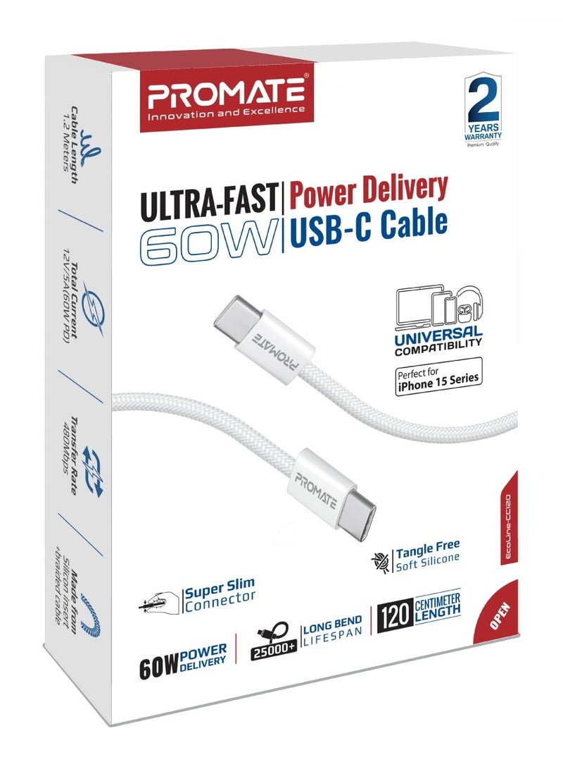 USB-C Charging Cable, Powerful Sync Charge Type-C Cable with 60W Fast Power Delivery, 480Mbps Data Transfer and 120cm Tangle-Free Nylon Braided Cord, EcoLine-CC120 White