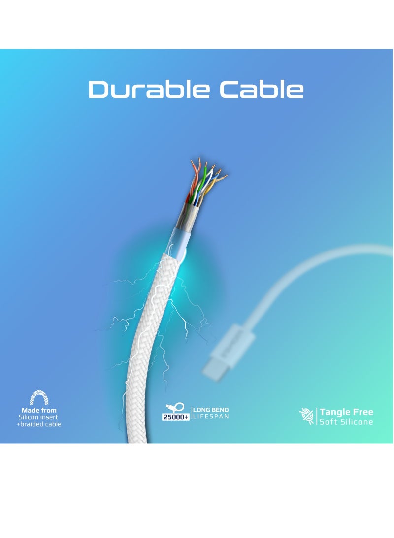 USB-C Charging Cable, Powerful Sync Charge Type-C Cable with 60W Fast Power Delivery, 480Mbps Data Transfer and 120cm Tangle-Free Nylon Braided Cord, EcoLine-CC120 White