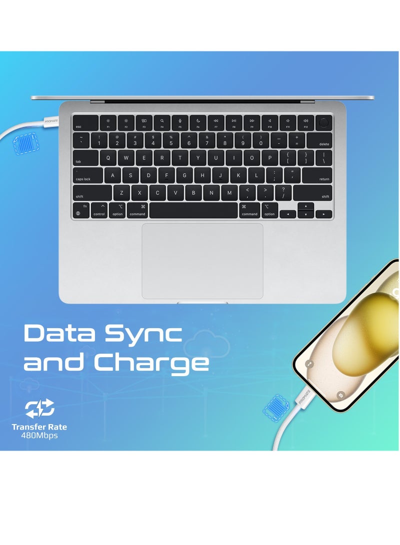 USB-C Charging Cable, Powerful Sync Charge Type-C Cable with 60W Fast Power Delivery, 480Mbps Data Transfer and 120cm Tangle-Free Nylon Braided Cord, EcoLine-CC120 White