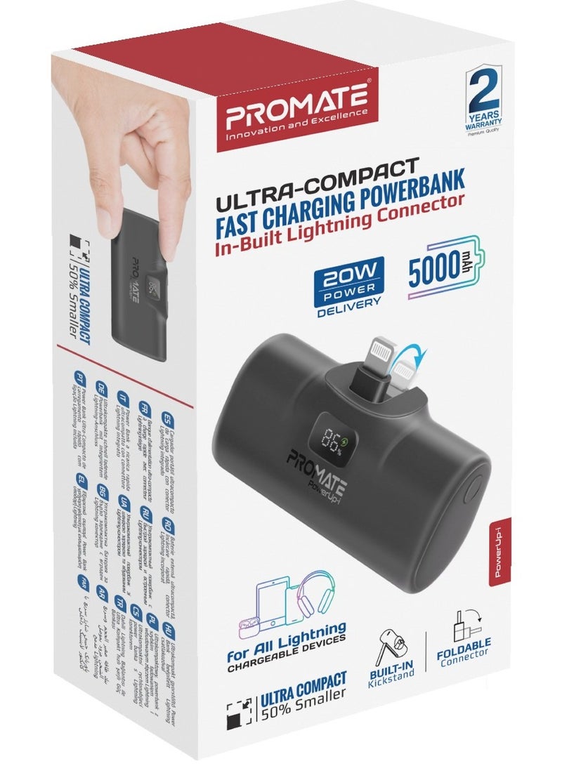 PROMATE - 5000 mAh 5000 mAh Power Bank with Built-In Lightning Connector, Premium Mini Capsule Fast Charging, 20W USB-C Power Delivery, LED Display and Foldable Kickstand, PowerUp-i Black - Image 1