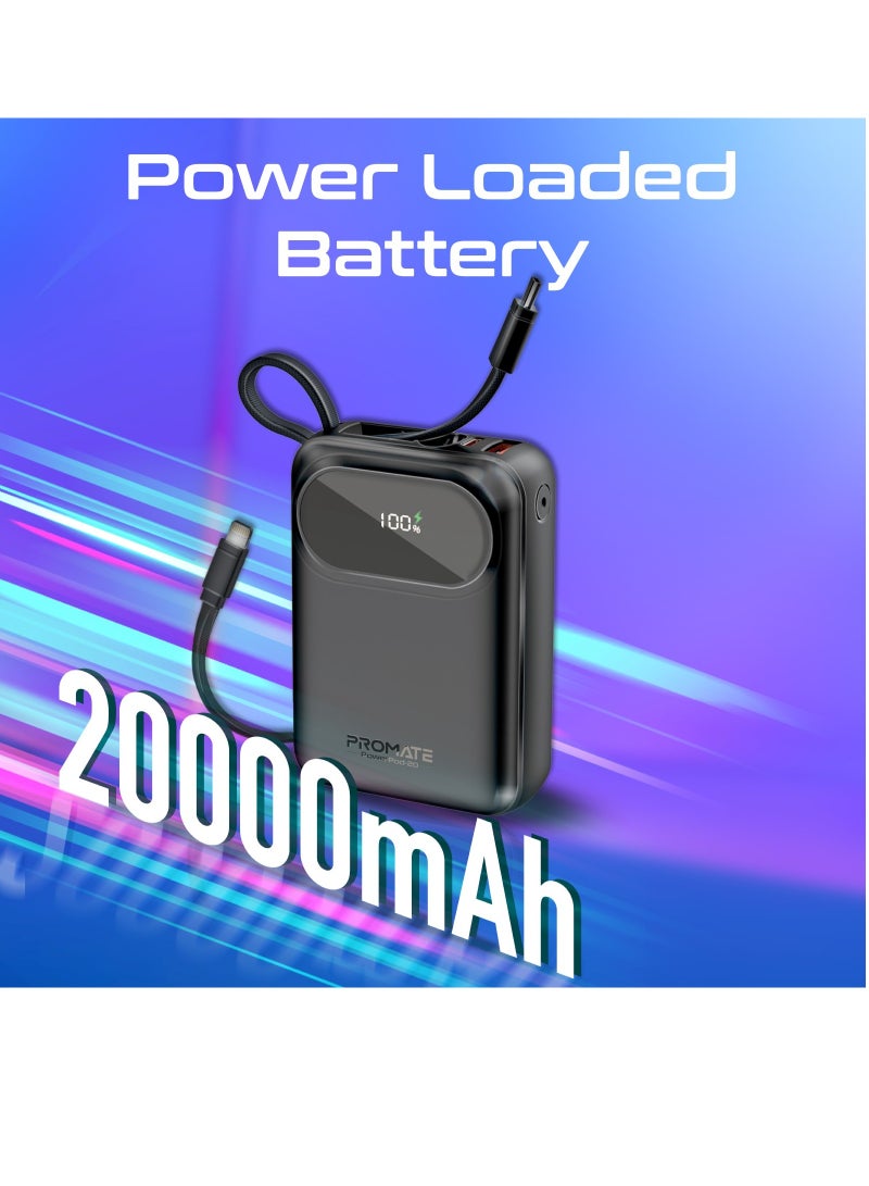 PROMATE - 20000 mAh 20000 mAh Power Bank with Built-In USB-C And Lightning Cables, Compact Fast Charging Power Bank, 35W USB-C Power Delivery and 27W Lightning Charging, PowerPod-20 Black - Image 1
