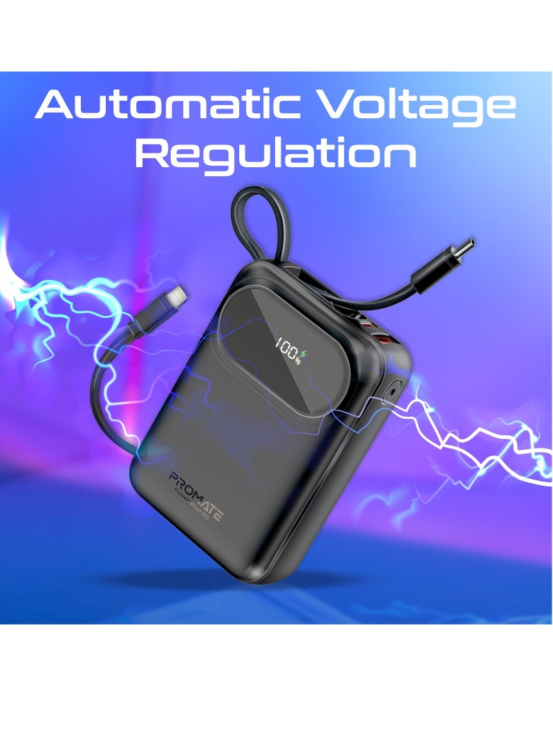 PROMATE - 20000 mAh 20000 mAh Power Bank with Built-In USB-C And Lightning Cables, Compact Fast Charging Power Bank, 35W USB-C Power Delivery and 27W Lightning Charging, PowerPod-20 Black - Image 1