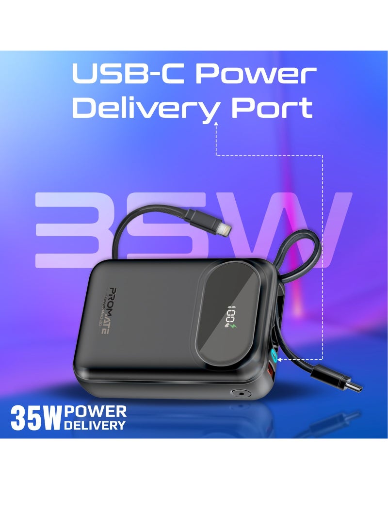 PROMATE - 20000 mAh 20000 mAh Power Bank with Built-In USB-C And Lightning Cables, Compact Fast Charging Power Bank, 35W USB-C Power Delivery and 27W Lightning Charging, PowerPod-20 Black - Image 1