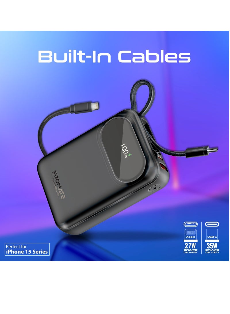 PROMATE - 20000 mAh 20000 mAh Power Bank with Built-In USB-C And Lightning Cables, Compact Fast Charging Power Bank, 35W USB-C Power Delivery and 27W Lightning Charging, PowerPod-20 Black - Image 1