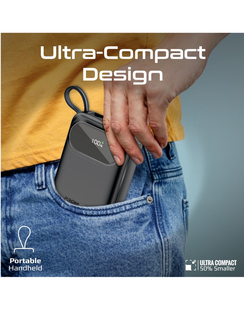 PROMATE - 20000 mAh 20000 mAh Power Bank with Built-In USB-C And Lightning Cables, Compact Fast Charging Power Bank, 35W USB-C Power Delivery and 27W Lightning Charging, PowerPod-20 Black - Image 1