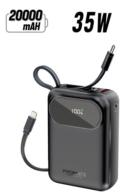 باور بانك بقدرة 20000 مللي أمبير في الساعة مع كابلات USB-C وLightning مدمجة، وبنك طاقة صغير الحجم للشحن السريع، وتوصيل طاقة USB-C بقدرة 35 وات، وشحن Lightning بقدرة 27 وات، PowerPod-20 أسود