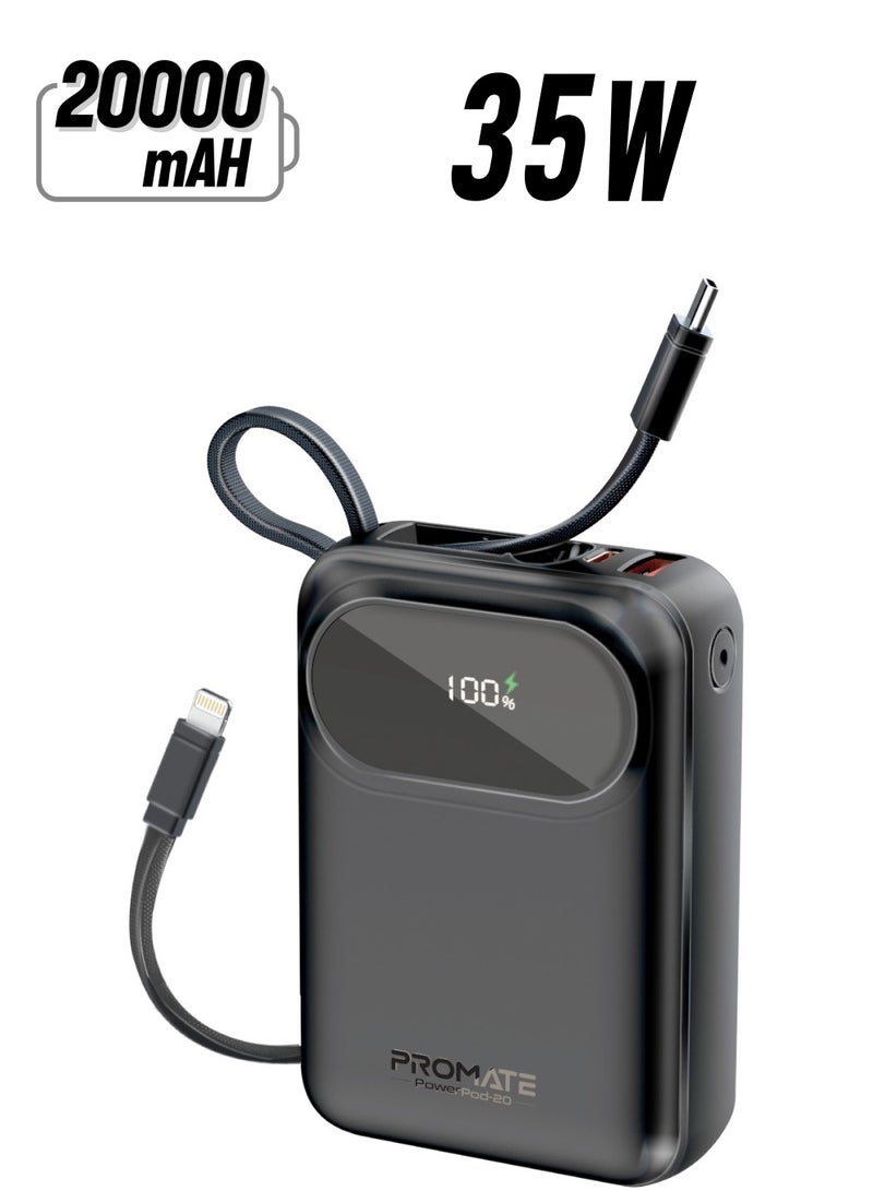 PROMATE - 20000 mAh 20000 mAh Power Bank with Built-In USB-C And Lightning Cables, Compact Fast Charging Power Bank, 35W USB-C Power Delivery and 27W Lightning Charging, PowerPod-20 Black - Image 1
