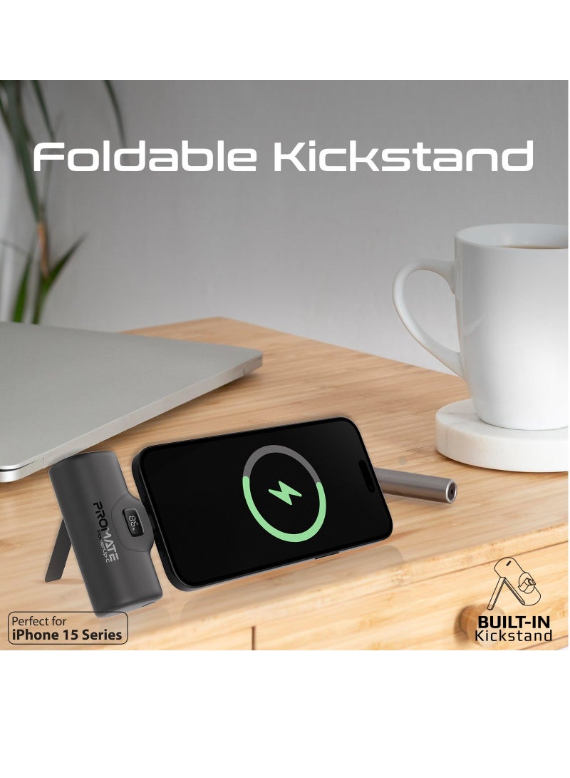 PROMATE - 5000 mAh 5000 mAh Power Bank with Built-In USB-C Connector, Premium Mini Capsule Fast Charging, 20W USB-C Power Delivery, LED  Display and Foldable Kickstand, PowerUp-C Black - Image 1