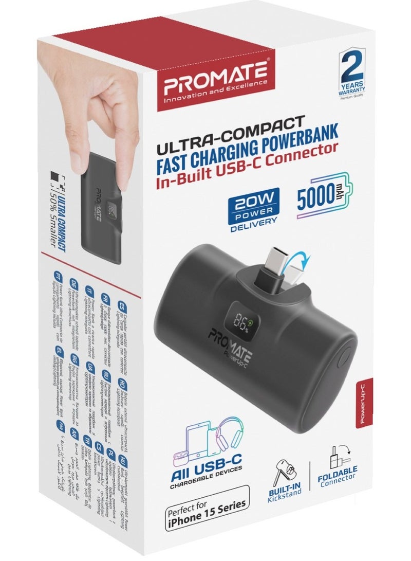 PROMATE - 5000 mAh 5000 mAh Power Bank with Built-In USB-C Connector, Premium Mini Capsule Fast Charging, 20W USB-C Power Delivery, LED  Display and Foldable Kickstand, PowerUp-C Black - Image 1
