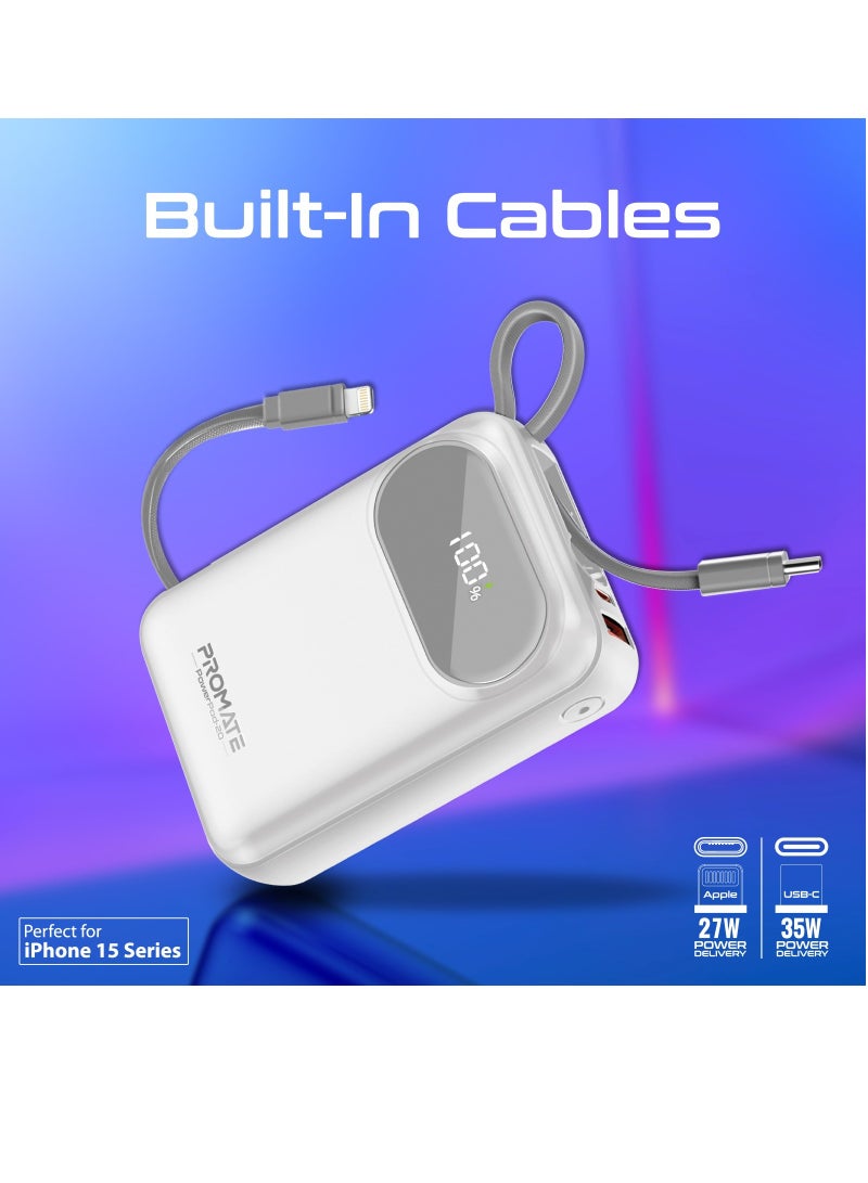 PROMATE - 20000 mAh 20000 mAh Power Bank with Built-In USB-C And Lightning Cables, Compact Fast Charging Power Bank, 35W USB-C Power Delivery and 27W Lightning Charging, PowerPod-20 White - Image 1