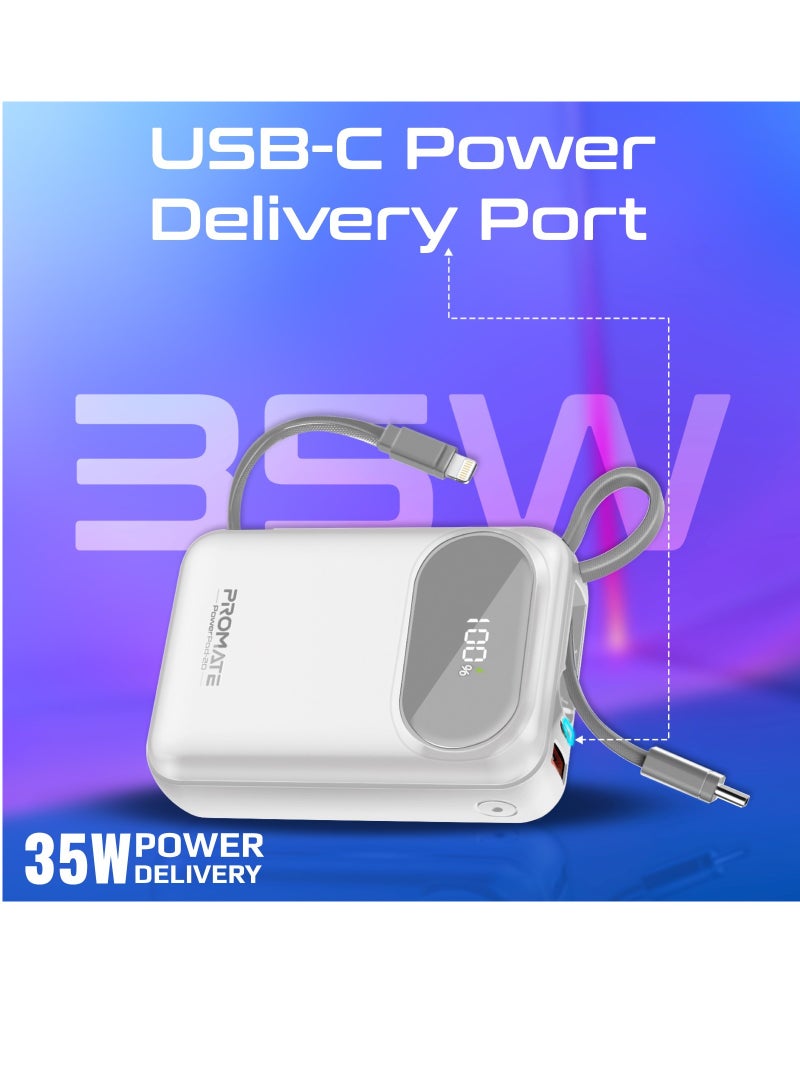 PROMATE - 20000 mAh 20000 mAh Power Bank with Built-In USB-C And Lightning Cables, Compact Fast Charging Power Bank, 35W USB-C Power Delivery and 27W Lightning Charging, PowerPod-20 White - Image 1