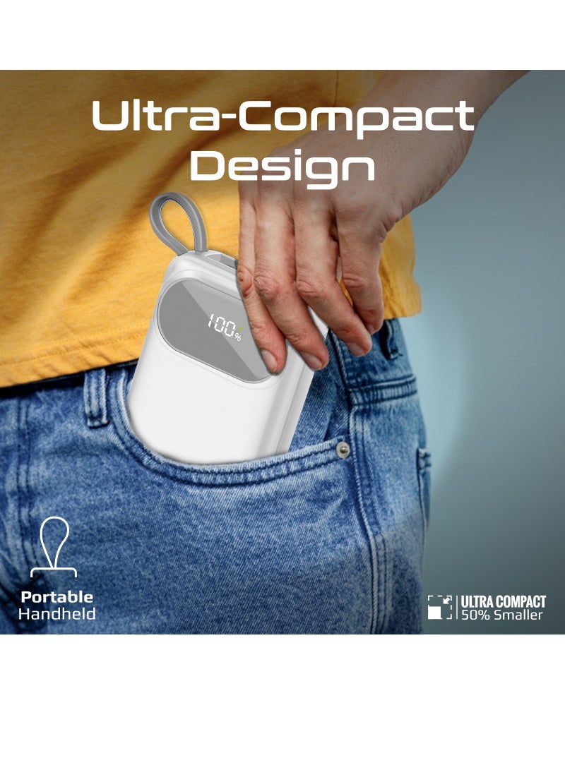 PROMATE - 20000 mAh 20000 mAh Power Bank with Built-In USB-C And Lightning Cables, Compact Fast Charging Power Bank, 35W USB-C Power Delivery and 27W Lightning Charging, PowerPod-20 White - Image 1