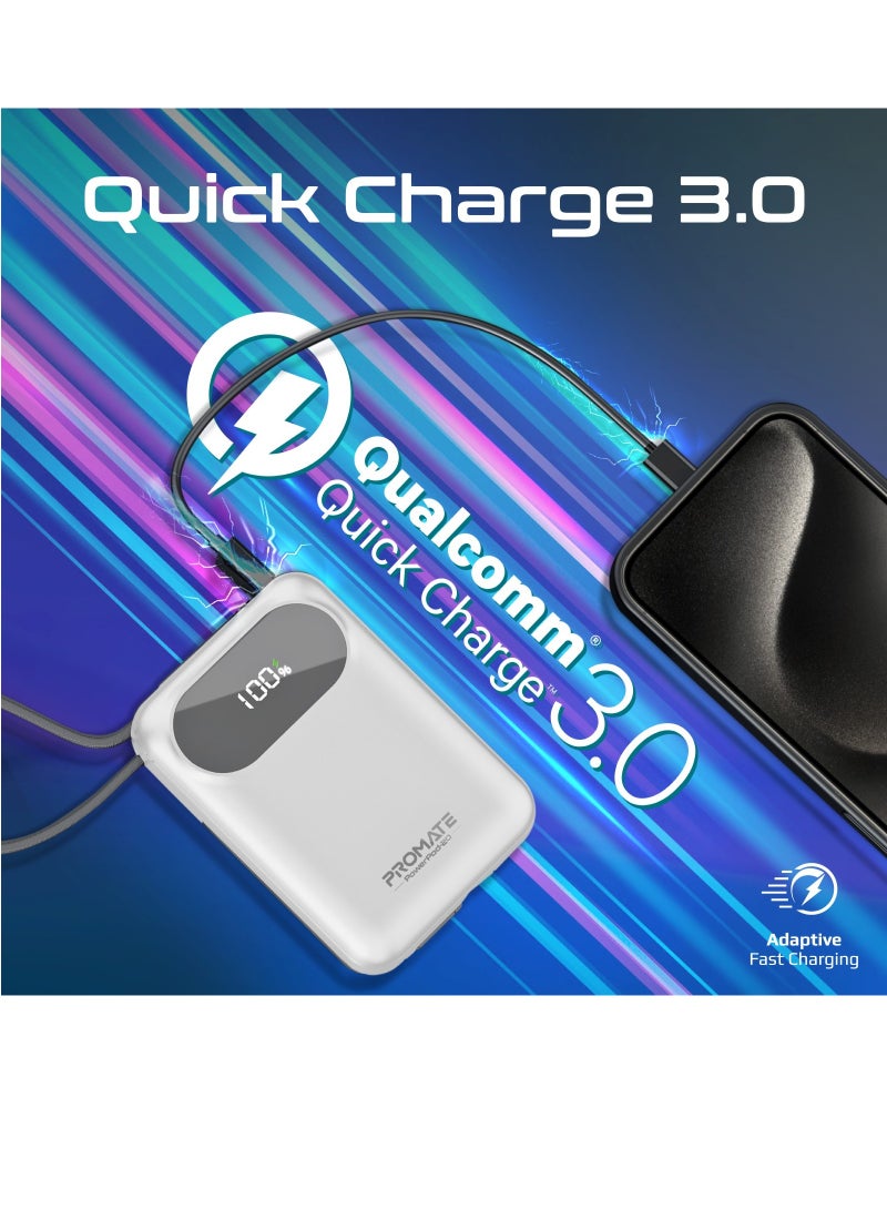 PROMATE - 20000 mAh 20000 mAh Power Bank with Built-In USB-C And Lightning Cables, Compact Fast Charging Power Bank, 35W USB-C Power Delivery and 27W Lightning Charging, PowerPod-20 White - Image 1