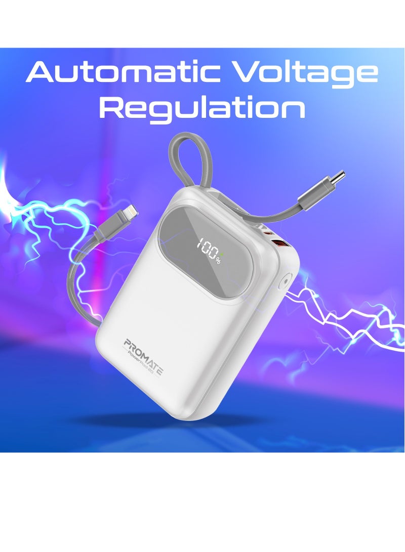 PROMATE - 20000 mAh 20000 mAh Power Bank with Built-In USB-C And Lightning Cables, Compact Fast Charging Power Bank, 35W USB-C Power Delivery and 27W Lightning Charging, PowerPod-20 White - Image 1