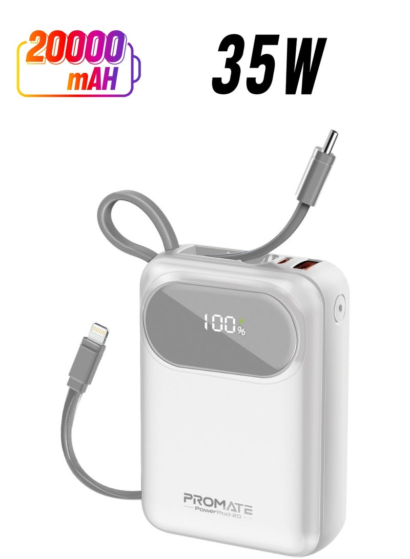 PROMATE - 20000 mAh 20000 mAh Power Bank with Built-In USB-C And Lightning Cables, Compact Fast Charging Power Bank, 35W USB-C Power Delivery and 27W Lightning Charging, PowerPod-20 White - Image 1