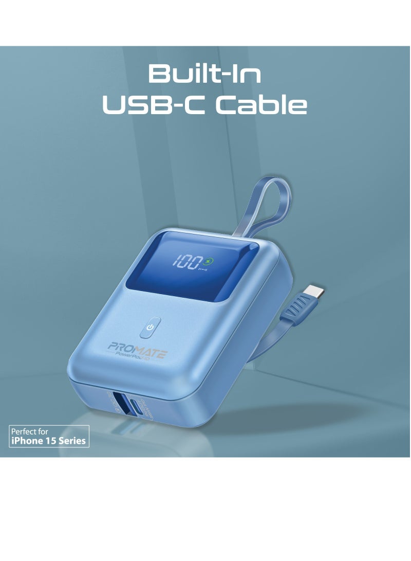 بروميت - بنك طاقة مع كابل USB-C مدمج، بنك طاقة مدمج للشحن السريع بقدرة 10000 مللي أمبير في الساعة، توصيل طاقة USB-C بقدرة 35 وات ومنفذ USB-A Qualcomm QC 3.0 بقدرة 18 وات، PowerPod-10 أزرق - Image 1