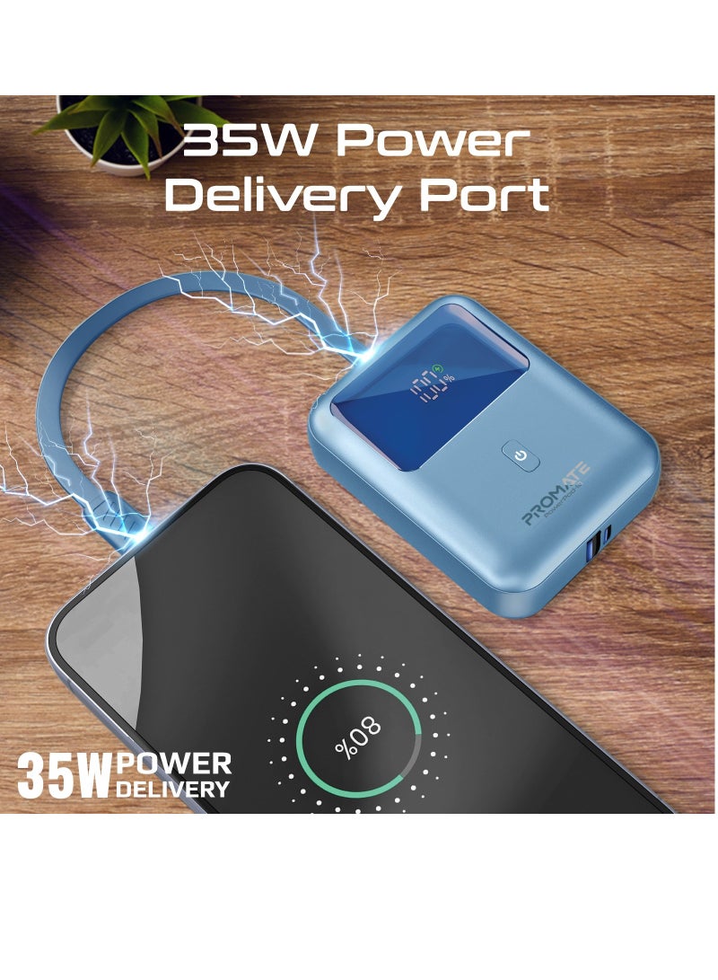 بروميت - بنك طاقة مع كابل USB-C مدمج، بنك طاقة مدمج للشحن السريع بقدرة 10000 مللي أمبير في الساعة، توصيل طاقة USB-C بقدرة 35 وات ومنفذ USB-A Qualcomm QC 3.0 بقدرة 18 وات، PowerPod-10 أزرق - Image 1