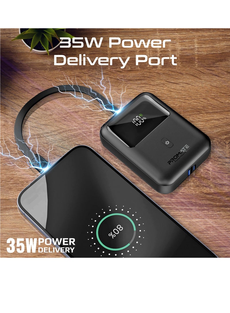 PROMATE - 10000 mAh 10000 mAh Power Bank with Built-In USB-C Cable, Compact Fast Charging Power Bank, 35W USB-C Power Delivery and 18W USB-A Qualcomm QC 3.0 Port, PowerPod-10 Black - Image 1
