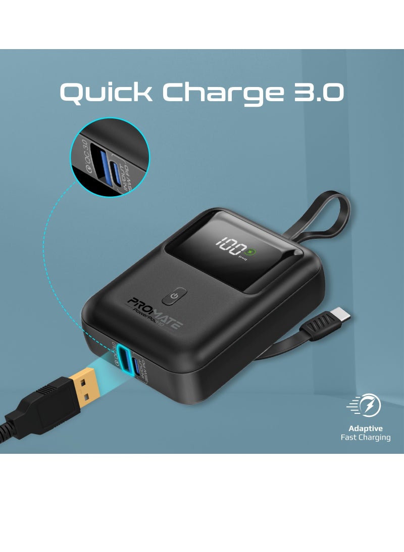 PROMATE - 10000 mAh 10000 mAh Power Bank with Built-In USB-C Cable, Compact Fast Charging Power Bank, 35W USB-C Power Delivery and 18W USB-A Qualcomm QC 3.0 Port, PowerPod-10 Black - Image 1