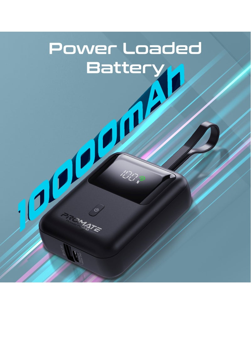 PROMATE - 10000 mAh 10000 mAh Power Bank with Built-In USB-C Cable, Compact Fast Charging Power Bank, 35W USB-C Power Delivery and 18W USB-A Qualcomm QC 3.0 Port, PowerPod-10 Black - Image 1