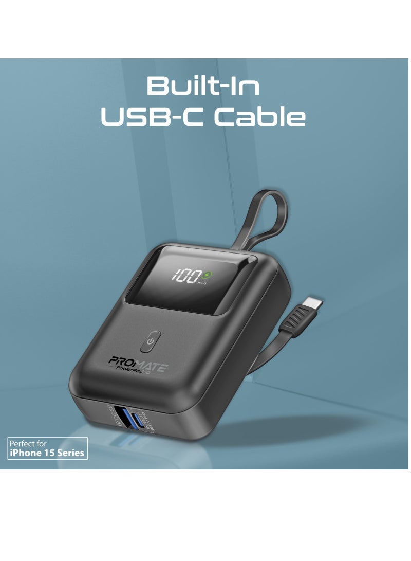 PROMATE - 10000 mAh 10000 mAh Power Bank with Built-In USB-C Cable, Compact Fast Charging Power Bank, 35W USB-C Power Delivery and 18W USB-A Qualcomm QC 3.0 Port, PowerPod-10 Black - Image 1
