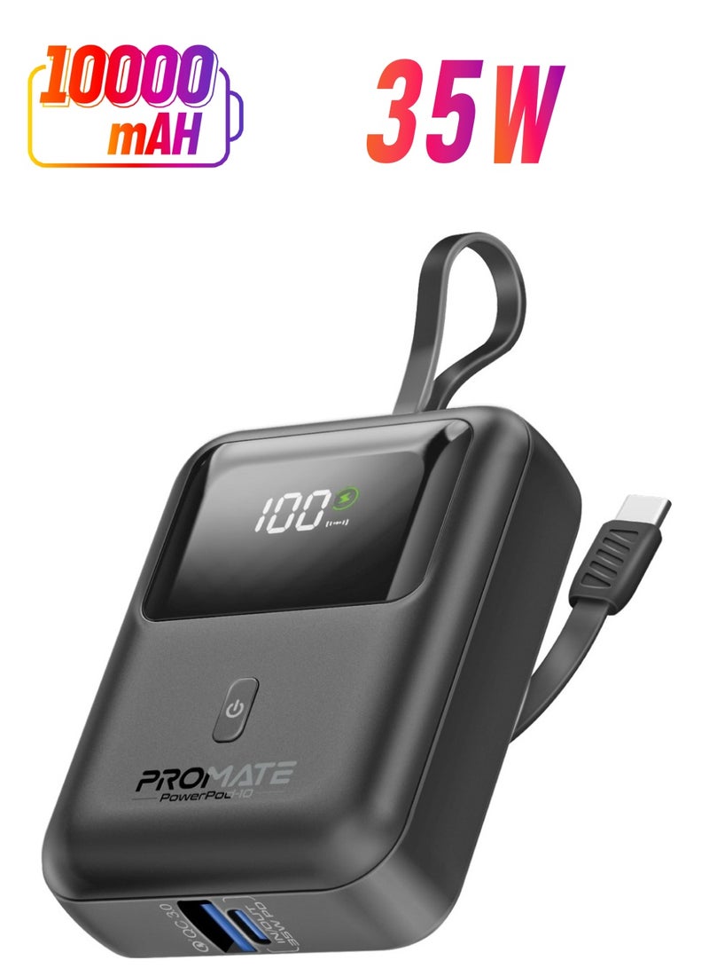 PROMATE - 10000 mAh 10000 mAh Power Bank with Built-In USB-C Cable, Compact Fast Charging Power Bank, 35W USB-C Power Delivery and 18W USB-A Qualcomm QC 3.0 Port, PowerPod-10 Black - Image 1
