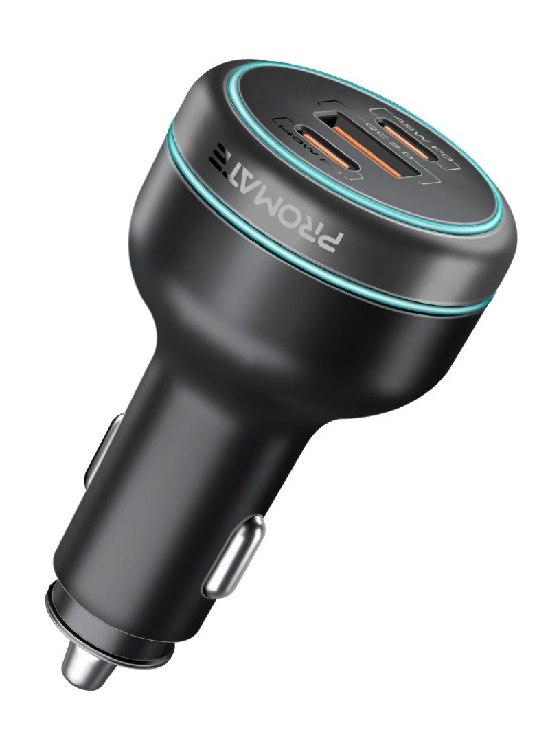 PROMATE Car Charger 230W Power Delivery, Rapid Charger With Dual USB-C Port 140W / 45W, and USB-A 3.0 - 45W, for Laptop, Smartphone, PowerDrive-230 Black - Image 1