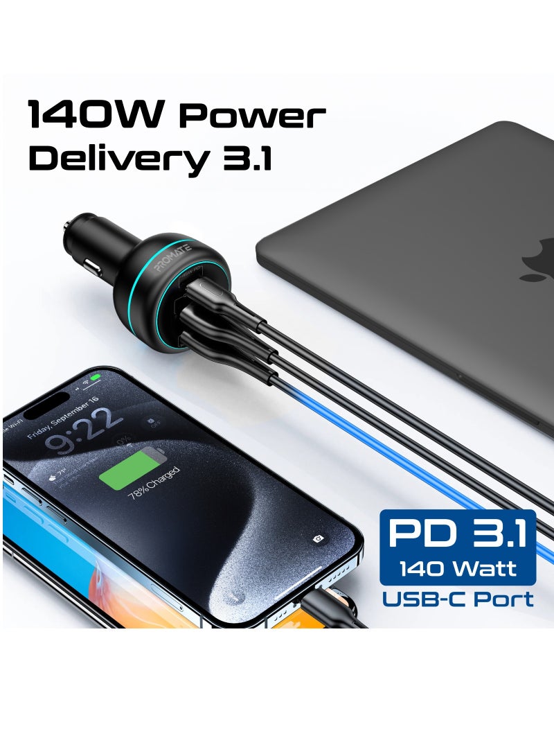 PROMATE Car Charger 230W Power Delivery, Rapid Charger With Dual USB-C Port 140W / 45W, and USB-A 3.0 - 45W, for Laptop, Smartphone, PowerDrive-230 Black - Image 2