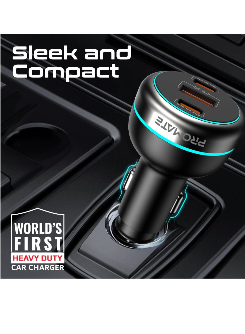 PROMATE Car Charger 230W Power Delivery, Rapid Charger With Dual USB-C Port 140W / 45W, and USB-A 3.0 - 45W, for Laptop, Smartphone, PowerDrive-230 Black - Image 5