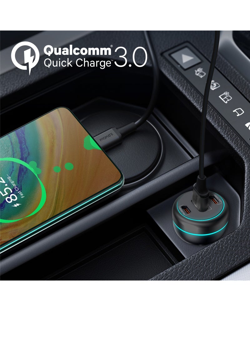 PROMATE Car Charger 230W Power Delivery, Rapid Charger With Dual USB-C Port 140W / 45W, and USB-A 3.0 - 45W, for Laptop, Smartphone, PowerDrive-230 Black - Image 4