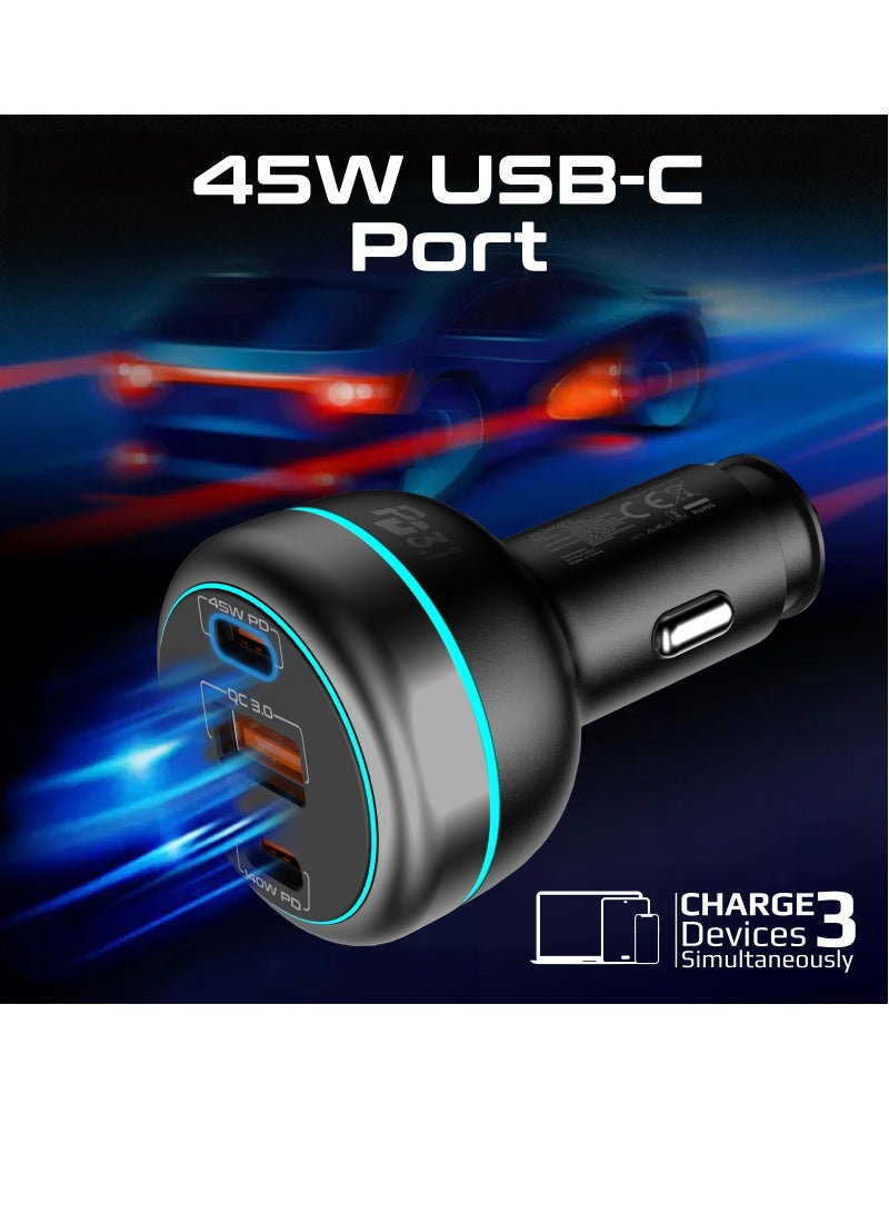 PROMATE Car Charger 230W Power Delivery, Rapid Charger With Dual USB-C Port 140W / 45W, and USB-A 3.0 - 45W, for Laptop, Smartphone, PowerDrive-230 Black - Image 3