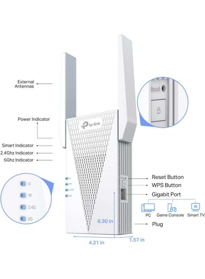 TP-LINK - RE715X Range Extender, Dual-Band, Wi-Fi 6, Speed Up to 3.00 Gbps, Coverage Up to 30 m2, Up to 32 Users | White - Image 1