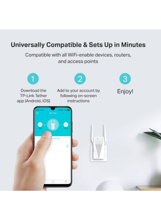 TP-LINK - RE715X Range Extender, Dual-Band, Wi-Fi 6, Speed Up to 3.00 Gbps, Coverage Up to 30 m2, Up to 32 Users | White - Image 1