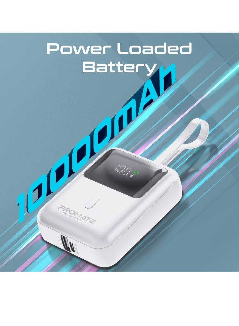 PROMATE 10000 mAh 10000 mAh Power Bank with Built-In USB-C Cable, Compact Fast Charging Power Bank, 35W USB-C Power Delivery and 18W USB-A Qualcomm QC 3.0 Port, PowerPod-10 White  - Image 3