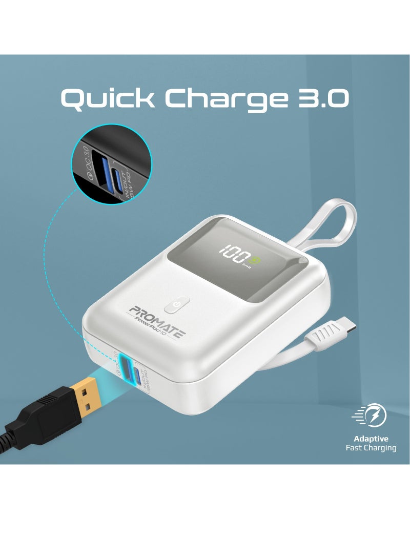 PROMATE 10000 mAh 10000 mAh Power Bank with Built-In USB-C Cable, Compact Fast Charging Power Bank, 35W USB-C Power Delivery and 18W USB-A Qualcomm QC 3.0 Port, PowerPod-10 White  - Image 5