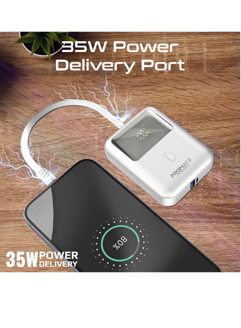 PROMATE 10000 mAh 10000 mAh Power Bank with Built-In USB-C Cable, Compact Fast Charging Power Bank, 35W USB-C Power Delivery and 18W USB-A Qualcomm QC 3.0 Port, PowerPod-10 White  - Image 4