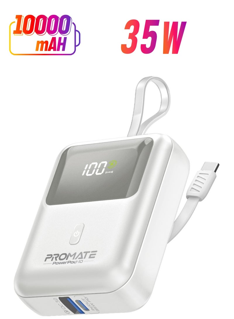 PROMATE 10000 mAh 10000 mAh Power Bank with Built-In USB-C Cable, Compact Fast Charging Power Bank, 35W USB-C Power Delivery and 18W USB-A Qualcomm QC 3.0 Port, PowerPod-10 White  - Image 1