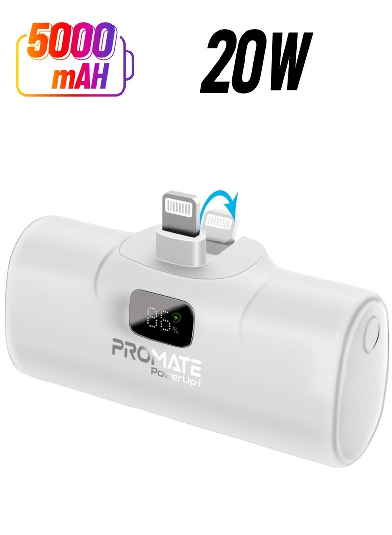 PROMATE Power Bank with Built-In Lightning Connector, Premium Mini Capsule Fast Charging, 20W USB-C Power Delivery, LED Display and Foldable Kickstand, PowerUp-i White  - Image 1