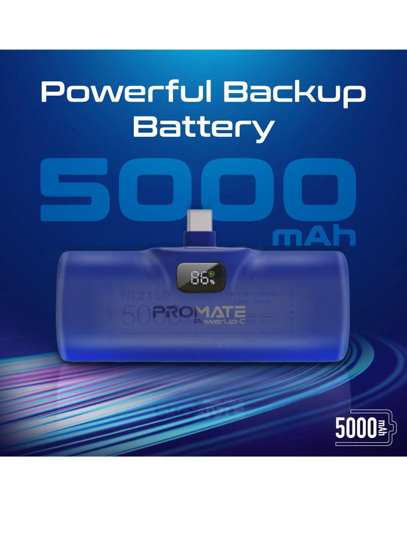 بنك طاقة بقدرة 5000 مللي أمبير في الساعة مع موصل USB-C مدمج، وشحن سريع كبسولة صغيرة متميزة، وتوصيل طاقة USB-C بقدرة 20 وات، وشاشة LED ومسند قابل للطي، PowerUp-C أزرق