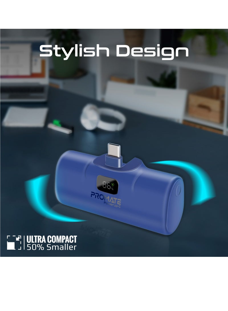 بنك طاقة بقدرة 5000 مللي أمبير في الساعة مع موصل USB-C مدمج، وشحن سريع كبسولة صغيرة متميزة، وتوصيل طاقة USB-C بقدرة 20 وات، وشاشة LED ومسند قابل للطي، PowerUp-C أزرق