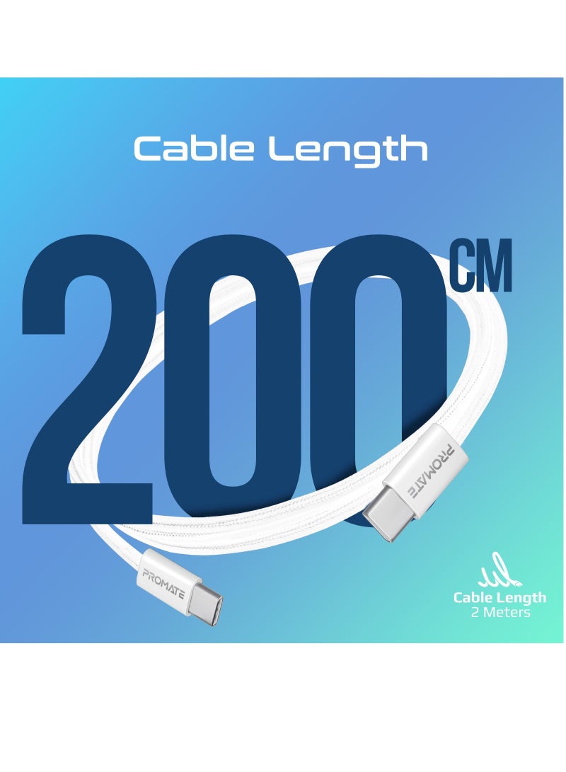 PROMATE USB-C Charging Cable, Powerful Sync Charge Type-C Cable with 60W Fast Power Delivery, 480Mbps Data Transfer and 200cm Tangle-Free Nylon Braided Cord, EcoLine-CC200 White  - Image 3