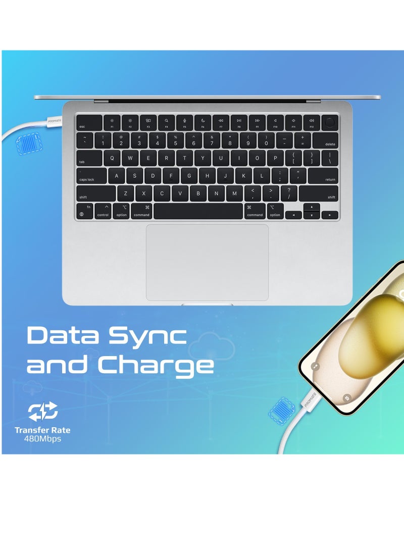 PROMATE USB-C Charging Cable, Powerful Sync Charge Type-C Cable with 60W Fast Power Delivery, 480Mbps Data Transfer and 200cm Tangle-Free Nylon Braided Cord, EcoLine-CC200 White  - Image 4