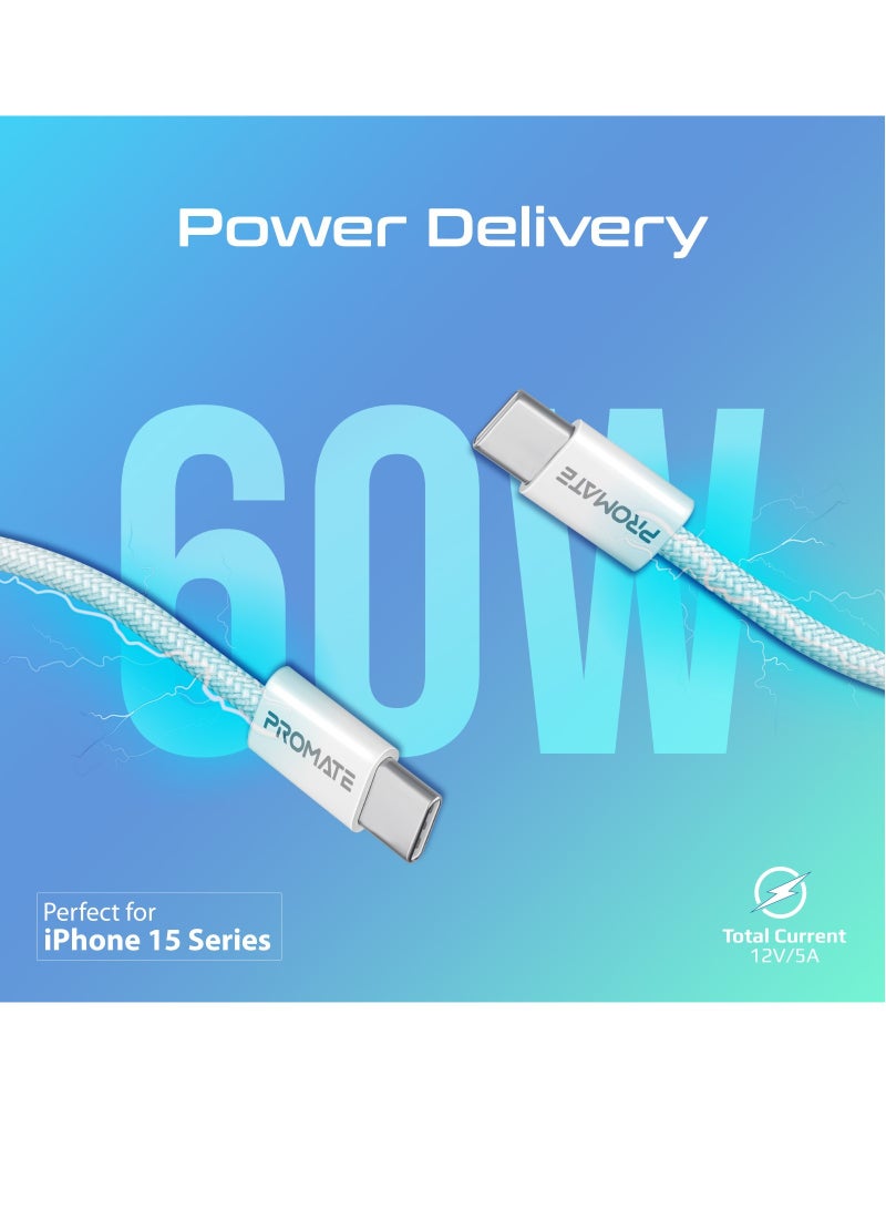 PROMATE USB-C Charging Cable, Powerful Sync Charge Type-C Cable with 60W Fast Power Delivery, 480Mbps Data Transfer and 200cm Tangle-Free Nylon Braided Cord, EcoLine-CC200 White  - Image 2