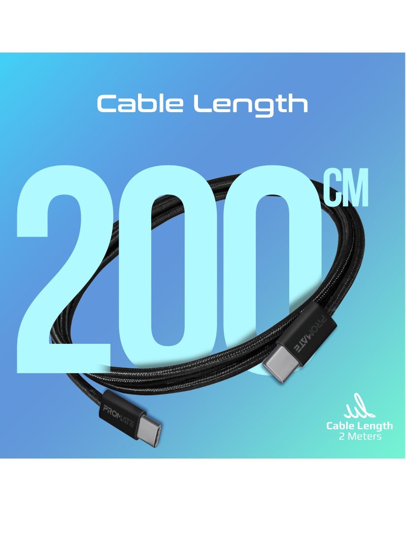 USB-C Charging Cable, Powerful Sync Charge Type-C Cable with 60W Fast Power Delivery, 480Mbps Data Transfer and 200cm Tangle-Free Nylon Braided Cord, EcoLine-CC200 Black