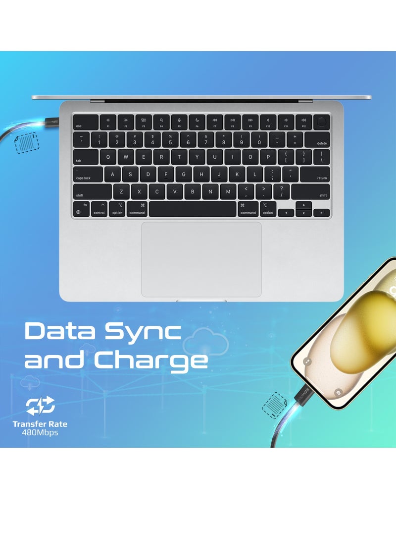 USB-C Charging Cable, Powerful Sync Charge Type-C Cable with 60W Fast Power Delivery, 480Mbps Data Transfer and 200cm Tangle-Free Nylon Braided Cord, EcoLine-CC200 Black