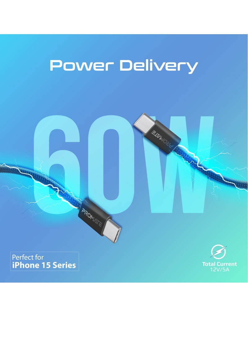 USB-C Charging Cable, Powerful Sync Charge Type-C Cable with 60W Fast Power Delivery, 480Mbps Data Transfer and 200cm Tangle-Free Nylon Braided Cord, EcoLine-CC200 Black