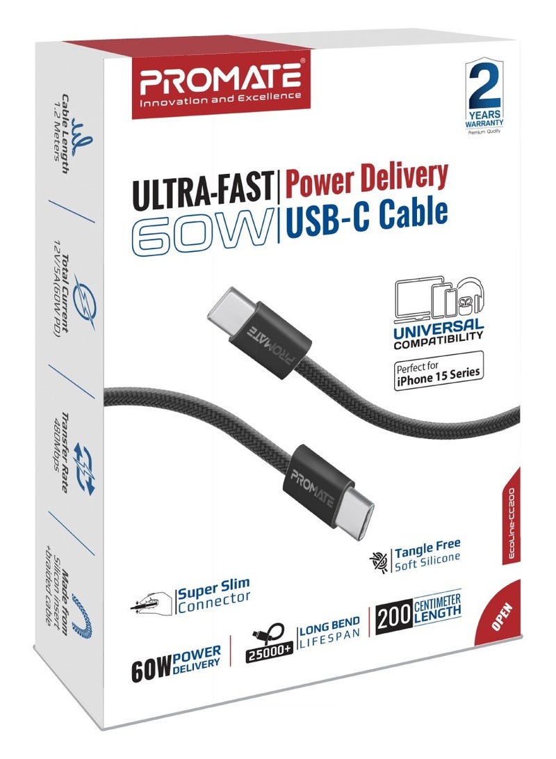 USB-C Charging Cable, Powerful Sync Charge Type-C Cable with 60W Fast Power Delivery, 480Mbps Data Transfer and 200cm Tangle-Free Nylon Braided Cord, EcoLine-CC200 Black